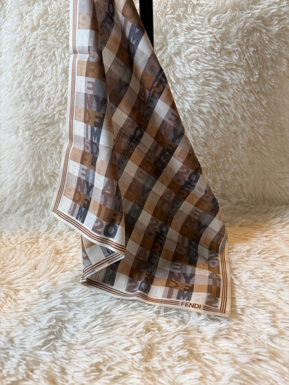 FENDI Scarf in Beige / Brown / Gray Plaid Roma Italy 17.5x17.5 Authentic
